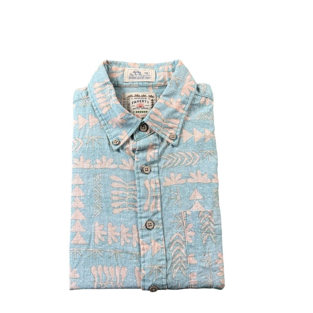 Faherty Artist Series Anna Kahalekulu Breeze Shirt Mens Small Blue Hawaiian
